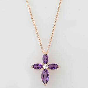 Collier en améthyste violette, forme poire, croix religieuse en améthyste, certifié véritable, argent 925 plaqué or 14 carats - Product Image 1