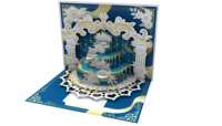 Elegante Tarjeta de Felicitación Pop-Up 3D con Impresión Digital Personalizada, Diseño Floral Azul y Dorado con Pastel, para Aniversario, Graduación, Cumpleaños