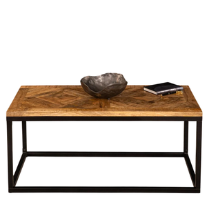 Mesa de Centro Europea de Madera de Mango Sólida con Incrustaciones Geométricas, Tapa Cuadrada con Acabado Negro y Marco de Metal, Acabado de Madera Natural y Rústica - Product Image 2
