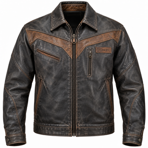 <b>Mens</b> Dark Charcoal <b>Leather</b> <b>Jacket</b> <b>Brown</b> Chevron Yoke Custom Western Ranch Outerwear Distressed Cowhide Biker Coat Manufacturer - Product Image 1