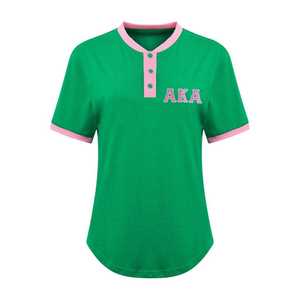 AKA เสื้อเชิ้ตเฮนลีย์สีเขียวสำหรับผู้หญิง ปักตัวอักษรกรีก กระดุมคุณภาพพรีเมียม เสื้อลำลอง ผ้าคุณภาพสูง สวมใส่สบาย - Product Image 1
