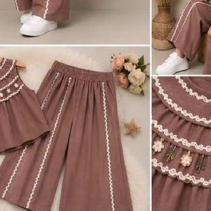 Women's Brown <b>Embroidered</b> Cotton Pants Set Casual Style Spring Summer Breathable Fabric Daily Wear - Product Image 2