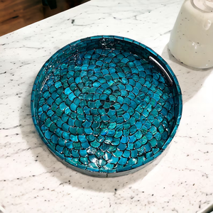 Bandeja redonda para desayuno, bandeja de nácar, bandeja con incrustaciones de nácar azul con diseño de escamas de pez, bandeja para mesa de centro - Product Image 3