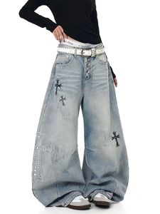 Jean large déchiré pour homme, taille haute, coupe ample, motif croix gothique brodé, grande taille, en denim de coton - Product Image 3