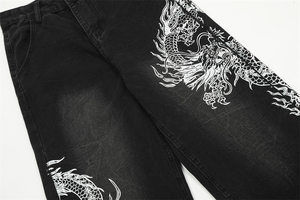 Jean brodé graphique coupe droite ample style vintage délavé streetwear hip-hop skate unisexe Y2K - Product Image 3