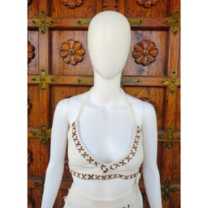 Top de bikini reversible de algodón tejido con cuello en U triangular para mujer con estampado de bloques |   Más de 10 Patrones de Bordado |   Personalización Disponible - Product Image 1