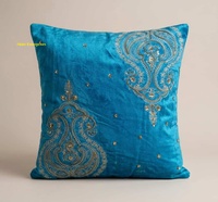 Housse de coussin carrée en velours turquoise brodée, style bohème, décoration d'intérieur, avec motif de défilement doré