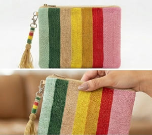 Beaded Stripe Clutch With Wrist Strap Handmade Bohemian Zipper Closure Unisex Coin Purse - Product Image 2