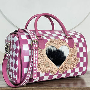 Western Pattern 2026 Pink & White Checkered Hand <b>Tooled</b> Genuine Cow <b>Leather</b> Speedy Bag Cowgirl Stylish Crossbody Duffel Bag - Product Image 4