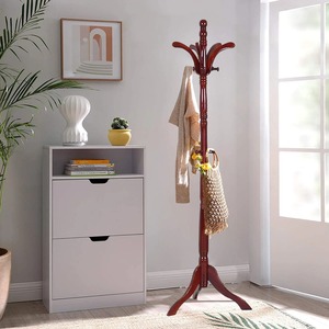 Perchero clásico de madera con múltiples ganchos y base de trípode para almacenamiento en la entrada, acabado rojo. - Product Image 1