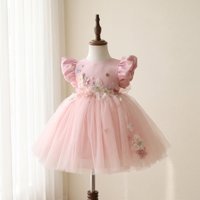 Robe de bal de princesse d'anniversaire pour filles de 1 à 12 ans, en tulle rose et satin, longueur genou, ornée de fleurs 3D et de perles, élégante, personnalisable OEM