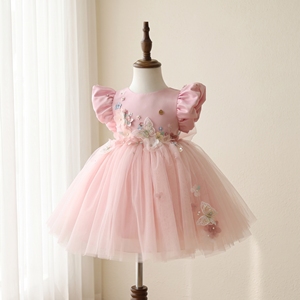 Robe de bal de princesse d'anniversaire pour filles de 1 à 12 ans, en tulle rose, longueur genou, avec fleurs 3D, élégante, personnalisable OEM ODM - Product Image 1