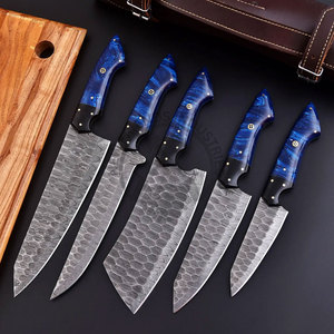 New Brand Custom Handmade Full Tang Damascus Steel 5-Piece <b>Kitchen</b> Chef <b>Knife</b> Set with Ambidextrous Blue Resin Handle - Product Image 1