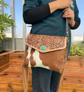 Hot Selling Hand Tooled Leather Fringe Crossbody Bag Cowhide Turquoise <b>Stone</b> Shoulder Bag Western Leather Envelope Women Purse - Product Image 2