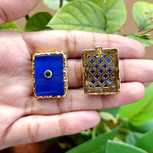 Chunky gemstone jewelry blue jade rectangle shape studs earring brass 18k <b>gold</b> plated texture collet <b>frame</b> stud pairs for women - Product Image 6