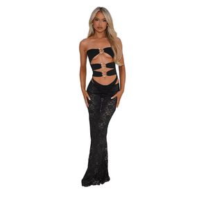 Wholesale Black Hardware Detail Cut Out Strapless Bikini with Sheer Lace Long Skirt <b>Cover</b> <b>Up</b> Vacation Resort <b>Swimwear</b> Set - Product Image 1