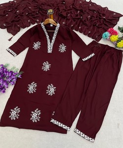 Women Traditional Silk Salwar Kameez Dupatta Maroon Casual Party Wear India Pakistan Style <b>Ankle</b>-Length Regular Fit 85279 MORNI- - Product Image 4