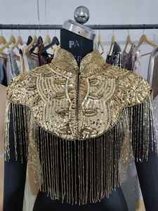 Cape d'épaule longue à franges, brodée à la main, ornée de cristaux et de perles, de créateur, pour tenue de soirée, fournisseur de boutique - Product Image 2