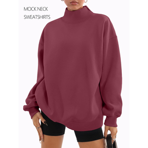 <b>Women's</b> <b>Burgundy</b> Oversized Mock Neck Sweatshirt Striped Long Sleeve Pullover Custom Logo Fleece Knit <b>Top</b> for Autumn - Product Image 2
