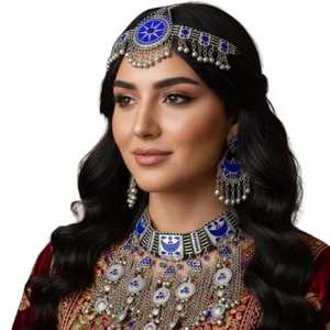 ชุดเครื่องประดับของขวัญงานแต่งงานแบบชนเผ่าดั้งเดิมสุดประณีต โดดเด่นด้วยไข่มุกสีน้ำเงินเข้มรูปไข่ร้อยเป็นสาย - Product Image 1