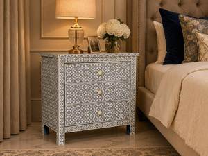 Decorative Bone Inlay Bedside <b>Table</b> Wooden <b>Side</b> Cabinet With Functional <b>Drawer</b> And Unique Artistic Pattern - Product Image 3
