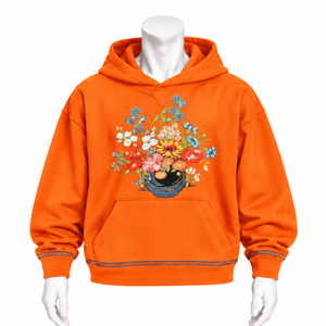 Sweat-shirt à capuche Orange Bouquet Flowers, broderie florale multicolore, poche kangourou, coupe ample, style streetwear décontracté - Product Image 1
