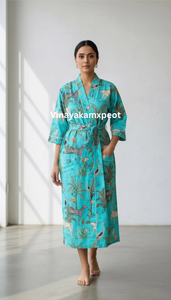 Exquisito Kimono de Algodón con Estampado Tropical para Mujer, Ligero y Elegante, con Cuello en V, Manga Larga, Cintura Alta, Tipo Bata Midi - Product Image 2