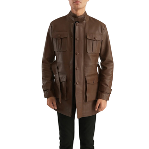 <b>Men</b>’s Brown Genuine Leather Belted <b>Long</b> <b>Coat</b> Multi Pocket Classic Collar Premium Casual Winter Fashion Outerwear - Product Image 1