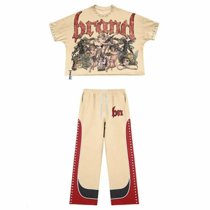 เสื้อยืดโอเวอร์ไซส์ลายกราฟิกสำหรับผู้ชาย ชุดเซ็ตเข้ากันกับกางเกงวอร์มขาบาน สไตล์วินเทจ Y2K สตรีทแวร์ ขอบดิบ ชุดลำลองสองชิ้น - Product Image 5