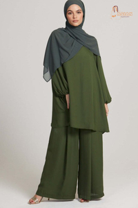 Ensemble 2 pièces vert olive pour femme : Tunique à manches longues et pantalon large décontracté, coupe ample et respirante - Product Image 5