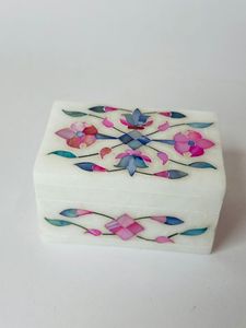 Elegant Marble Inlay Square <b>Box</b> With White Pink and <b>Blue</b> Floral Motifs an Touch of Class for Jewelry <b>Storage</b> - Product Image 3