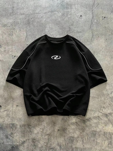 <b>Light</b> Blue Men's Short Sleeve O-Neck Knitted T-Shirt Front Logo Quick Dry Eco-Friendly Streetwear Drop-Shoulder Custom Logo - Product Image 4