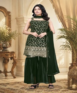 Robe en soie longue jusqu'aux chevilles, style indien pakistanais, vert, Kurti Dupatta, tenue de mariage traditionnelle, coupe ample, RUDRA DRESS 86499 - Product Image 1