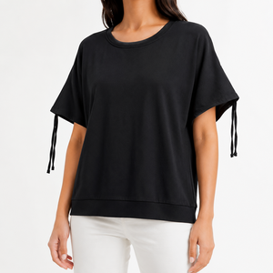 Camiseta Corta Premium de Cuello Redondo para Mujer con Lazos Ajustables en las Mangas, de Algodón Suave, Estilo Casual, Diseño Personalizado OEM/ODM - Product Image 1