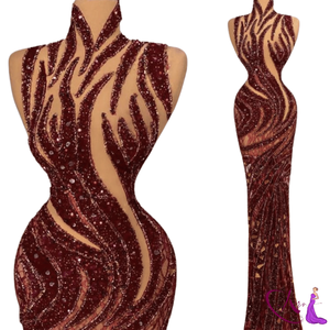 Vestido de Noche Largo de Lujo Color Borgoña con Cuentas y Lentejuelas Hechas a Mano, Estilo Sirena, para Mujer |   Cuello alto sin mangas con cristales naturales - Product Image 3