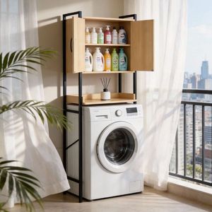 Mobile bagno a doppia anta con design goffrato effetto legno, un ripiano, 64,5x30x171 cm, in MDF con impiallacciatura in melaminico e tubi quadri, scaffali per bagno - Product Image 1