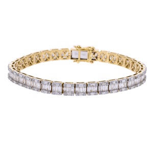 สร้อยข้อมือเทนนิสสีทอง14K อันหรูหราและไร้กาลเวลาสำหรับผู้หญิง6.16CTW กลมและบาแกตต์เพชร - Product Image 1