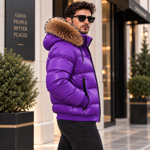 Wholesale <b>Men's</b> Purple Bubble Leather <b>Jacket</b> Fur Hood | Giubbotto Uomo | Chaqueta De Moda | <b>Blouson</b> Matelass | Herren - Product Image 6