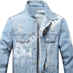 Men's <b>Light</b> Blue Denim Jacket Regular Fit Distressed Ripped Solid Button Closure Casual Style Winter 100% Cotton Windproof - Product Image 6
