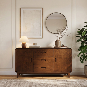 Midcentury Modern Natural Oak Living Room <b>Cabinet</b> 3 <b>Drawer</b> 2 Flat Panel Door <b>Storage</b> Sideboard Console Furniture 3-Year Warranty - Product Image 3