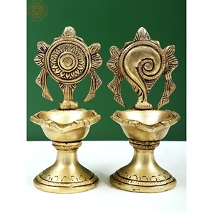 Handmade 5-Inch <b>Brass</b> Shankh and Chakra <b>Oil</b> <b>Lamp</b> Set Made in India - Product Image 1