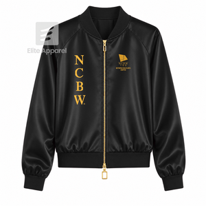 Veste en satin respirant pour femme Custom NCNW 100 noire avec logo brodé sur le devant, manches longues bleues et dorées pour femme - Product Image 1
