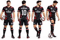 Ensemble de maillots et shorts de football personnalisés pour hommes, uniforme de football imprimé par sublimation, noir et rouge, vêtements de sport d'équipe, logo personnalisé, vente en gros