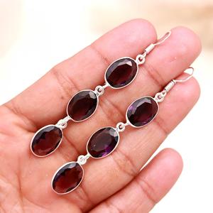 Natural Garnet Gemstone 925 <b>Sterling</b> <b>Silver</b> <b>Dangle</b> <b>Earrings</b>, Faceted Oval Triple Stone Drop <b>Earrings</b>, Handmade Jewelry for Women - Product Image 4