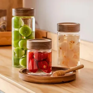 Round clear Tall Straight Empty High Borosilicate Glass Spice Beans <b>Cookie</b> Container Glass Storage <b>Jar</b> with Screw Bamboo - Product Image 2