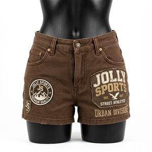 Shorts de mezclilla marrón para mujer, 340 GSM, tela elástica de algodón y spandex, dobladillo sin rematar, logotipo personalizado, shorts para mujer - Product Image 3