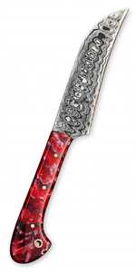 Couteau utilitaire à lame fixe en acier Damas fait main avec manche en résine rouge cramoisi à motifs tourbillonnants - Product Image 3