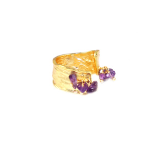 Modern Design Natural Amethyst Gemstone Fancy Shape 22KGold Plated Wave Texture Band <b>Adjustable</b> <b>Ring</b> Jewelry For Women Wholesale - Product Image 1