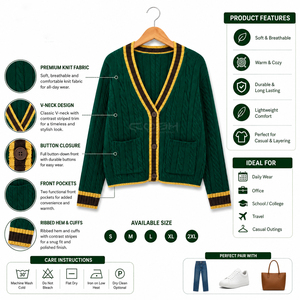 <span class=keywords><strong>Cardigan</strong></span> Verde Lavorato a Maglia Cosh International con Bordo a Contrasto Giallo e <span class=keywords><strong>Marrone</strong></span>, Scollo a V, Manica Lunga, Abbigliamento Casual per Sisterhood - Product Image 6