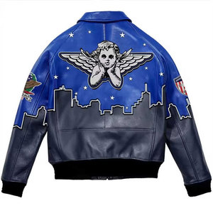 PU Leather Bomber <b>Jacket</b> Men Streetwear Zipper Closure Turn-down Collar Patch Designs Blue - Product Image 2